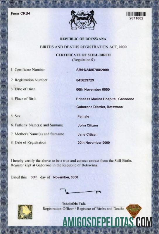 Imprimível modelo de certidão de nascimento de Botsuana em formato PSD